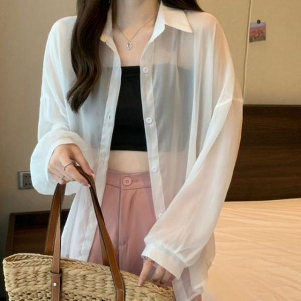 시스루 긴팔 카라 셔츠 블라우스 비치 커버업