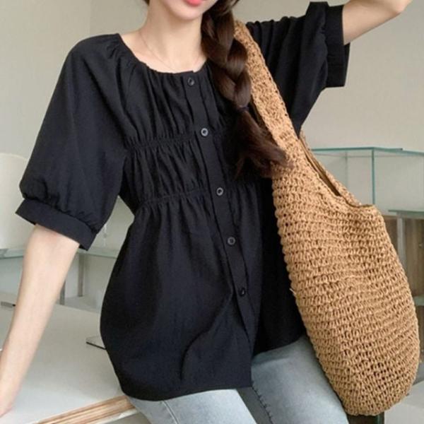 퍼프 소매 주름 셔링 플레어 반팔 셔츠 블라우스