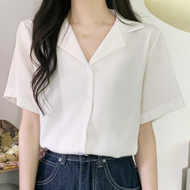 반팔 블라우스 여자 여성 남방 셔츠 기본 베이직 데일리 오피스 데이트 카라 브이넥 하객룩 일상 무지 심플