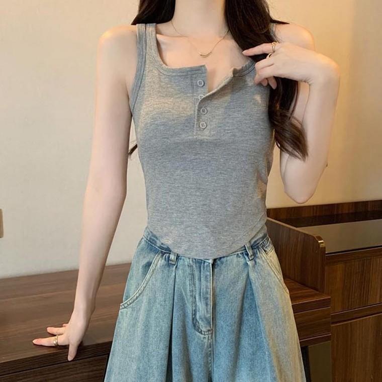 여름 여성 날씬룩 민소매 티셔츠 앞단추 베이직 패션
