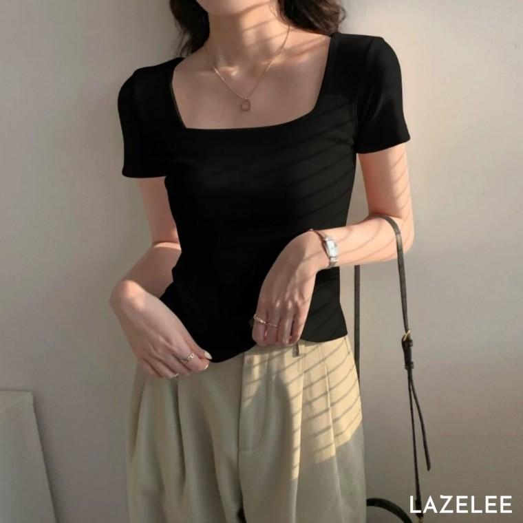 레이즐리 블랙 스퀘어넥 슬림핏 숏슬리브 크롭 반팔 티셔츠 여름 면티 여성 여성반팔티 반팔티셔츠