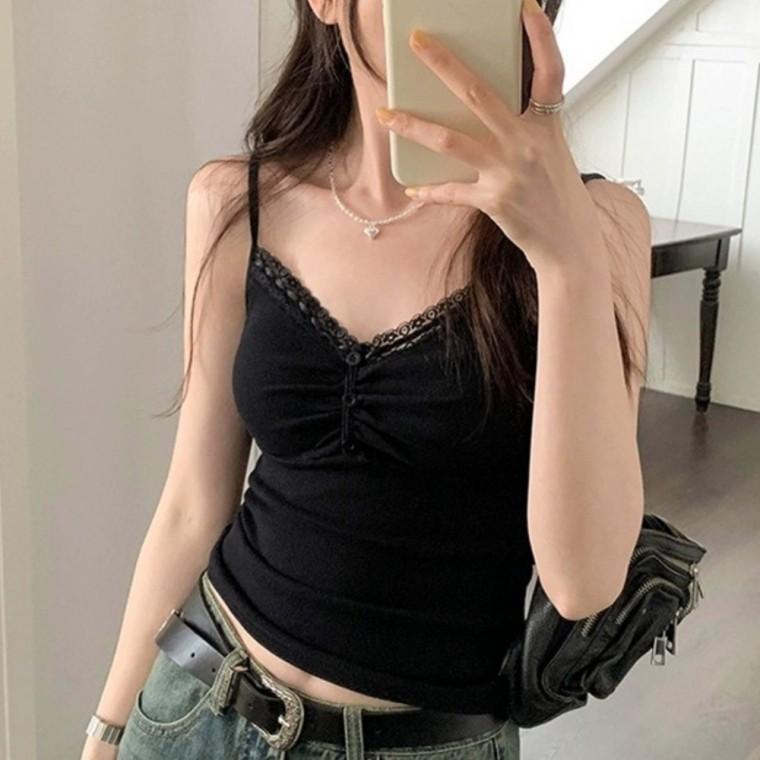 레이스 단추 나시 여성 끈나시 브이넥 민소매 슬림핏