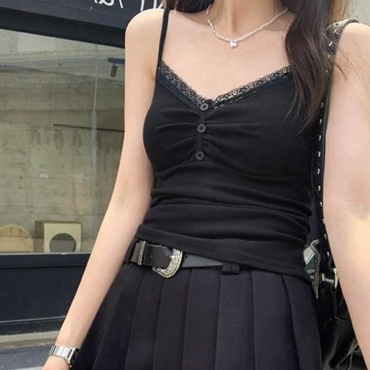 슬림라인 레이스 단추 나시 민소매 여성나시 브이넥