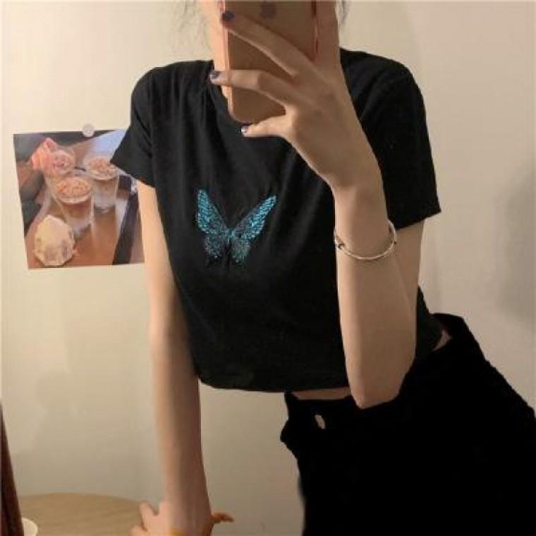 파랑 나비 반팔 크롭티 BI00180 XL 흰색 S 긴팔티숙 U넥 슬림핏 라운드 레터링 티숙 반팔티숙 여성 면 사이