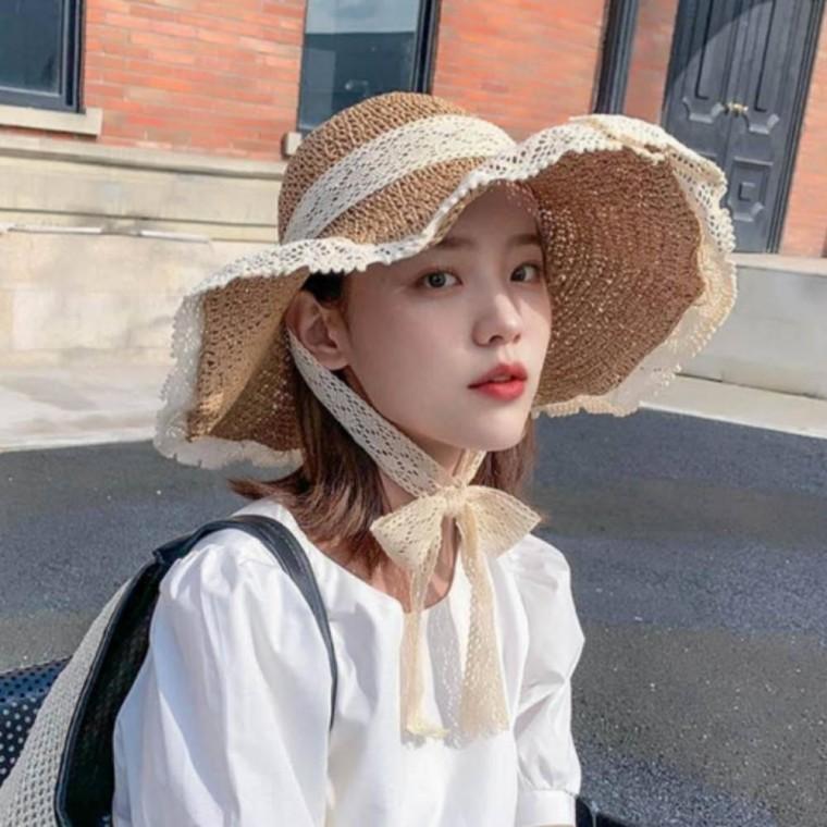 여성 밀짚 레이스 플라피햇 여름철 비치 선 리본 자외선 모자 휴양지 차단 쉐이드