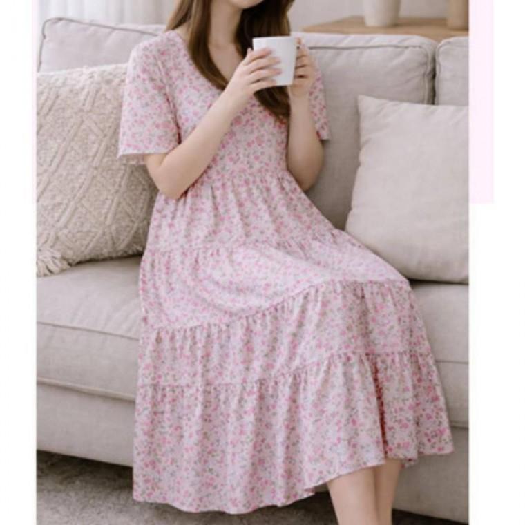 플라워 캉캉 반팔 시원한 여름 롱원피스 쿨링 홈웨어 패턴