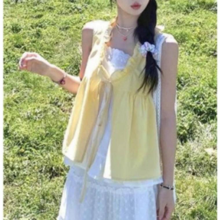 블라우스 플레어 여성 나시 리본 셔링 민소매 프릴 탑