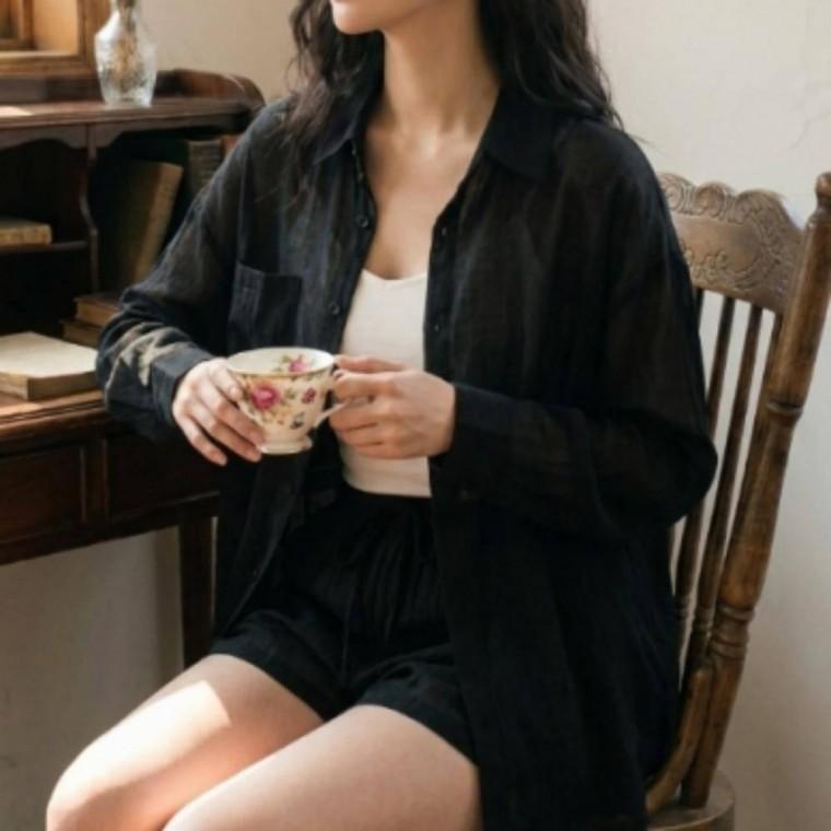 투피스 시스루 바캉스 루즈핏 바지 셋업 셔츠 반바지