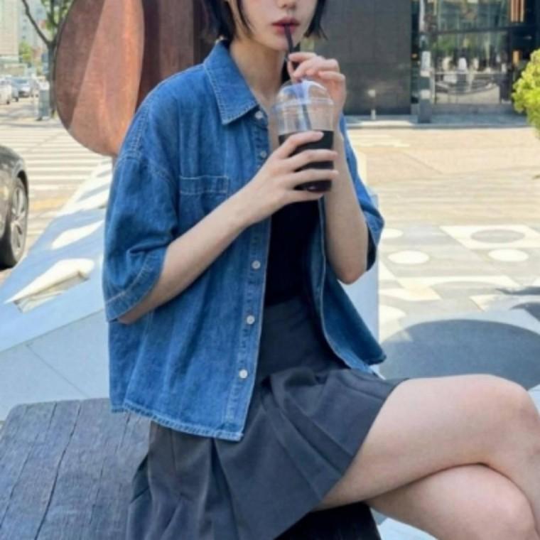 데님 청자켓 루즈핏 자켓 아우터 크롭 반팔 여름