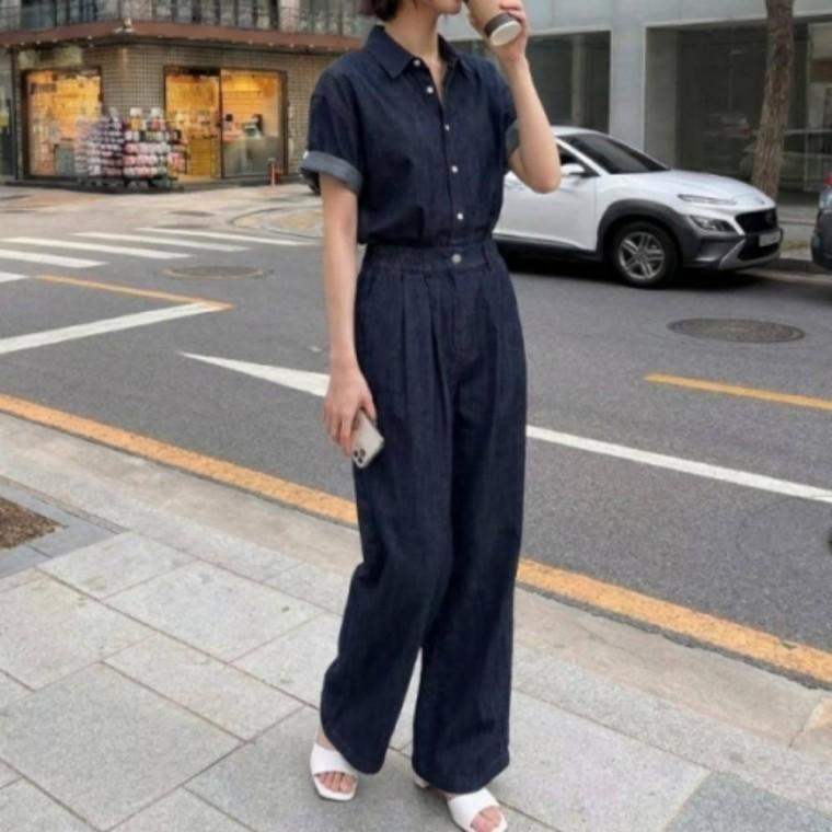 투피스 셔츠 반팔 데님 세트 청청 와이드 셋업 팬츠