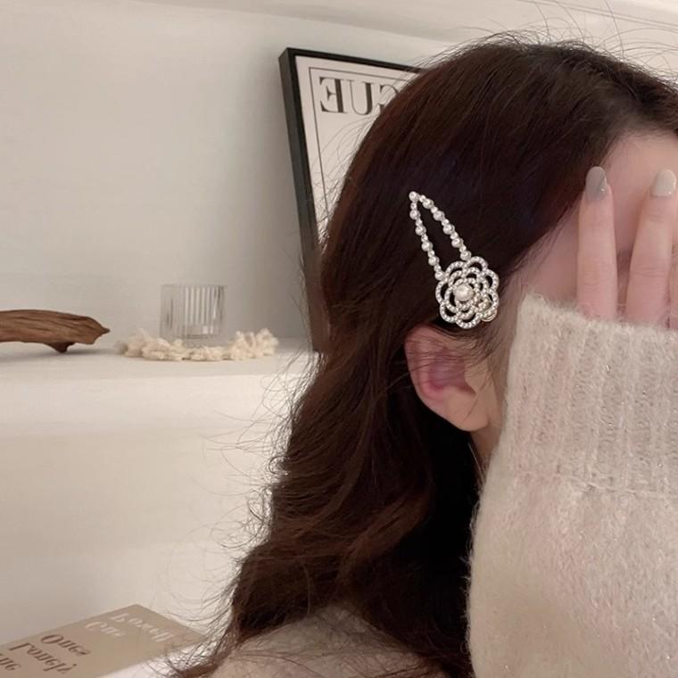 까멜리아 진주 큐빅 똑딱핀 앞머리 옆머리 집게핀