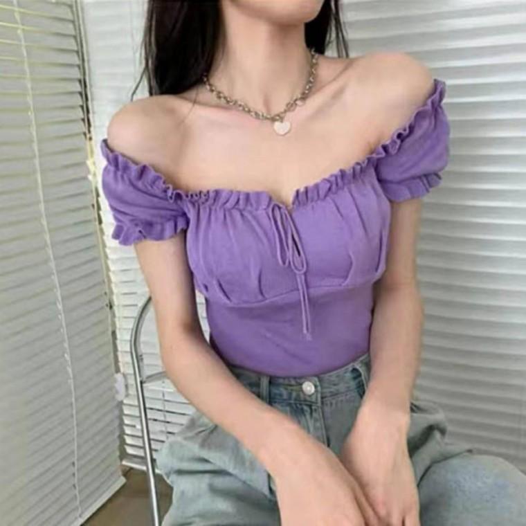 셔링 여자 여름 글램 오프숄더 반팔티 섹시 탑 크롭