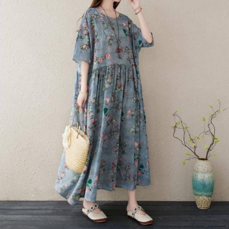데일리 치마 롱원피스 여름 빅사이즈 반팔 루즈핏 꽃무늬 셔링