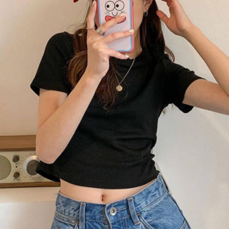 기본 반팔 무지 크롭 탑 스판 라운드넥 데일리룩 슬림핏 티셔츠