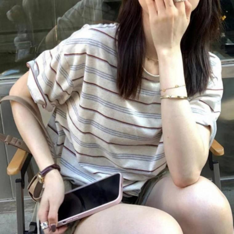 스트라이프 여성 티셔츠 캐주얼 라운드 단가라 루즈핏 반팔티