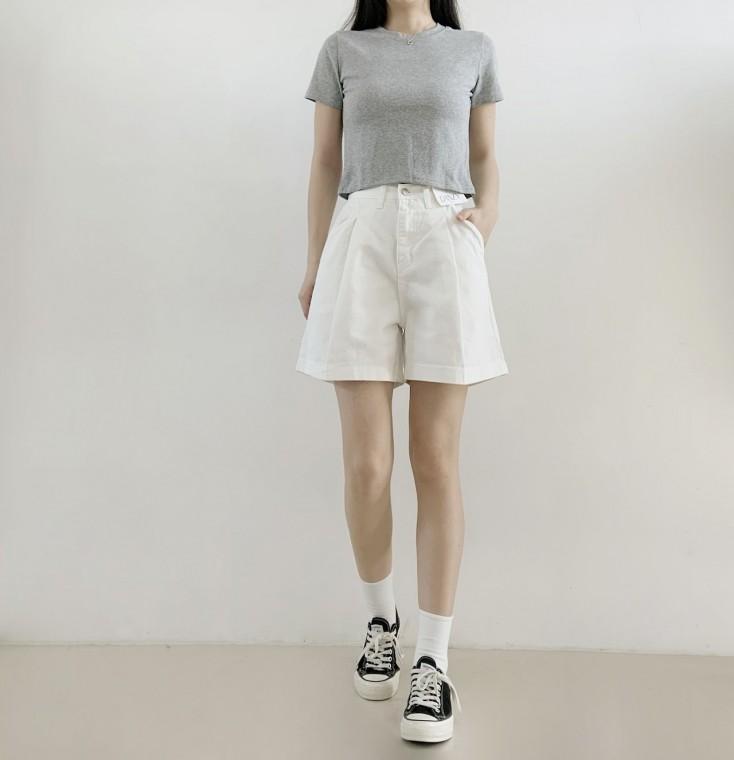 리엘쑤 데일리 편안한 허리밴딩 앞핀턱 주름 하이웨스트 면 반바지 팬츠 L SIZE