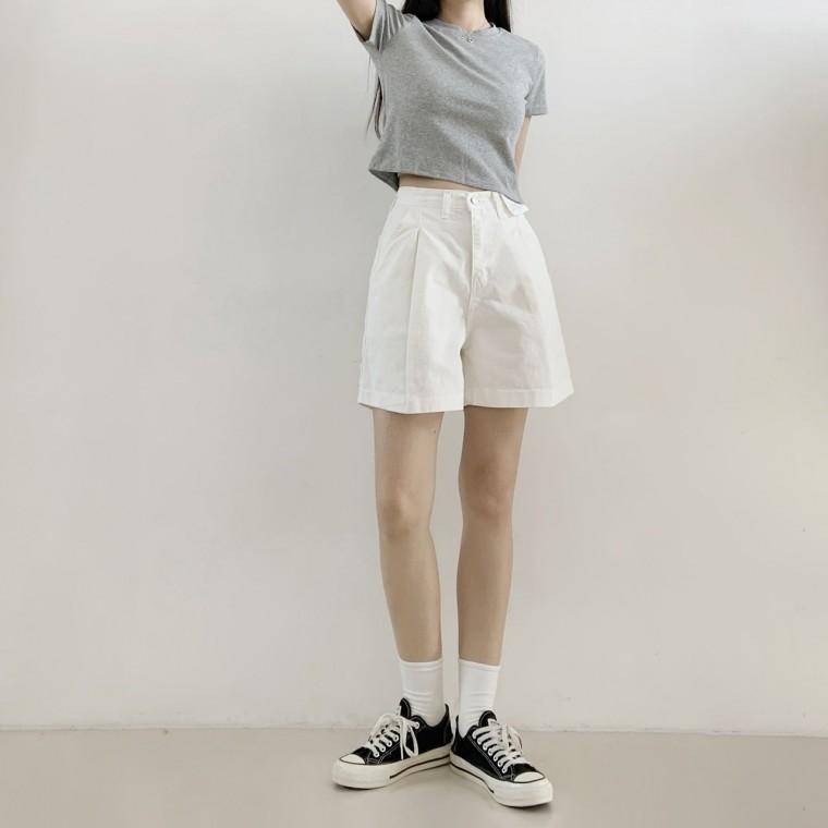 리엘쑤 데일리 편안한 허리밴딩 앞핀턱 주름 하이웨스트 면 반바지 팬츠 XL SIZE