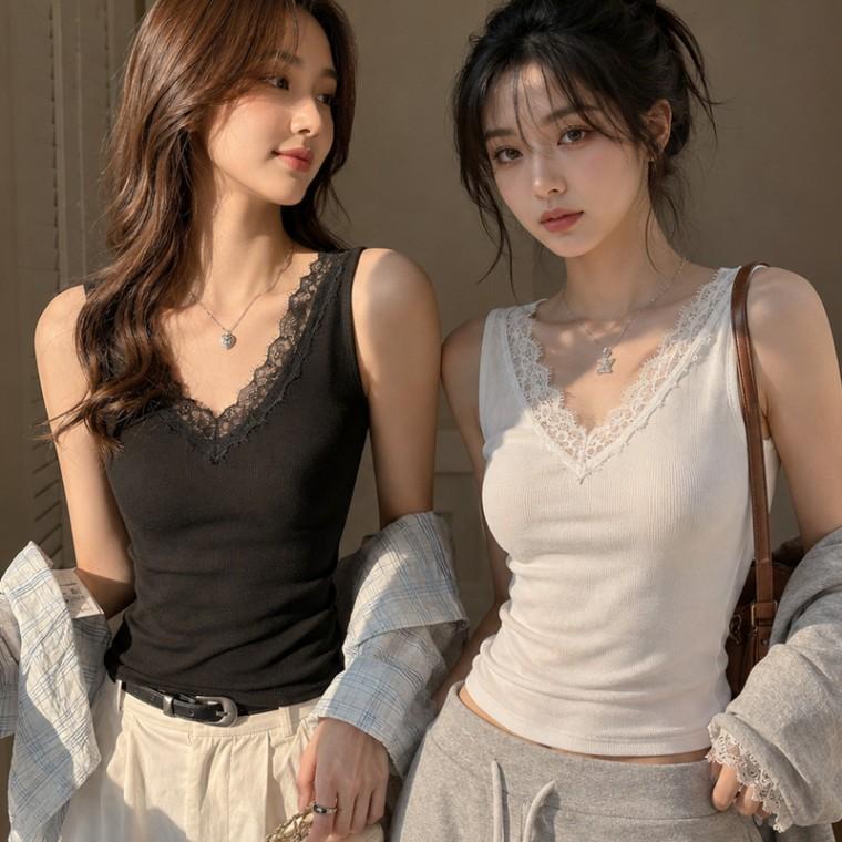 여성스런 브이넥 슬림 민소매 나시티 레이스 이너웨어