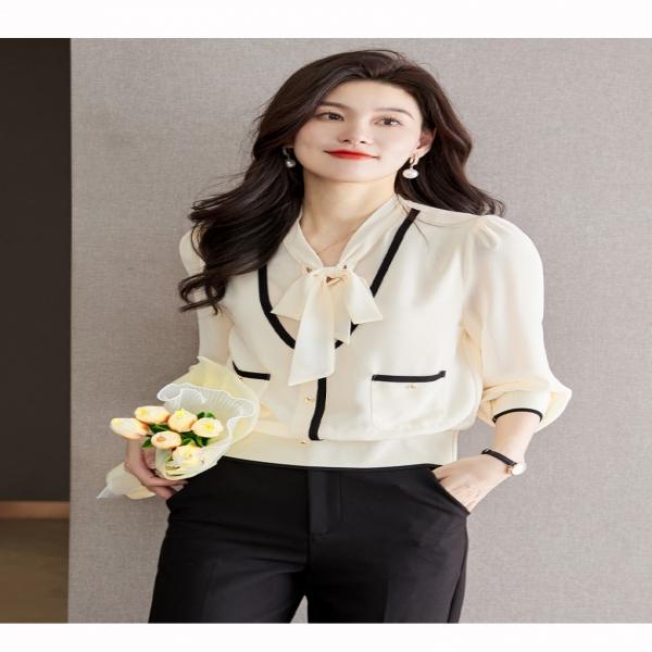 F265831 소매 밑단 시보리 배색 시폰 리본 넥 셔츠 블라우스 데일리 코디탬