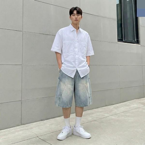 남성 카고 데님 반바지 와이드 버뮤다팬츠