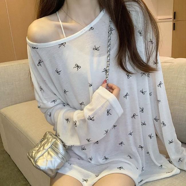 여성 리본 프린팅 오프숄더 루즈핏 긴팔 티셔츠