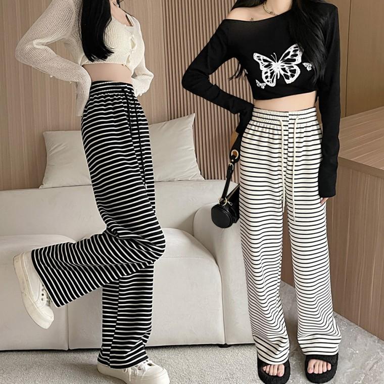 잔스트라이프 무늬 허리 밴딩 데일리 골지 여자 바지