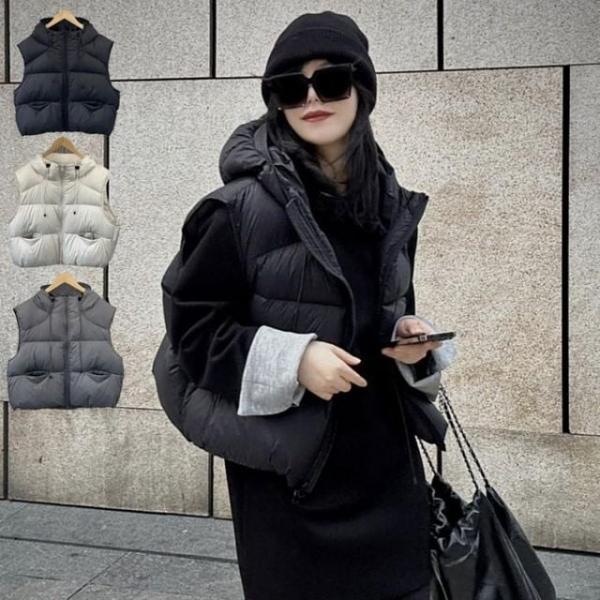 스트릿 후드 숏 여성 레이어드 베스트 2 여유핏 조끼 패딩 베스트 퍼프