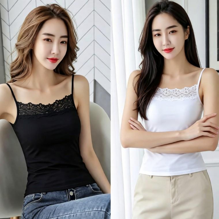 여성 레이어드 민소매 레이스 끈나시 고급 슬림핏 탑