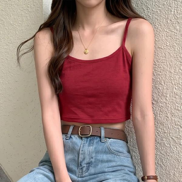 와인 크롭 끈나시 슬림핏 스판 탱크탑