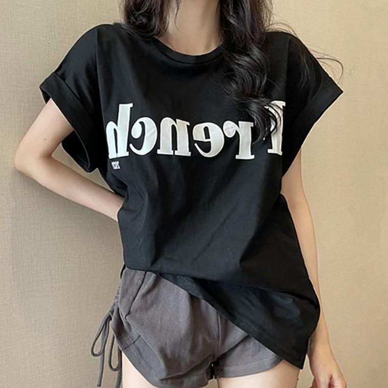 여성 여름 캐주얼 롤업 반팔 티셔츠 데일리 코디