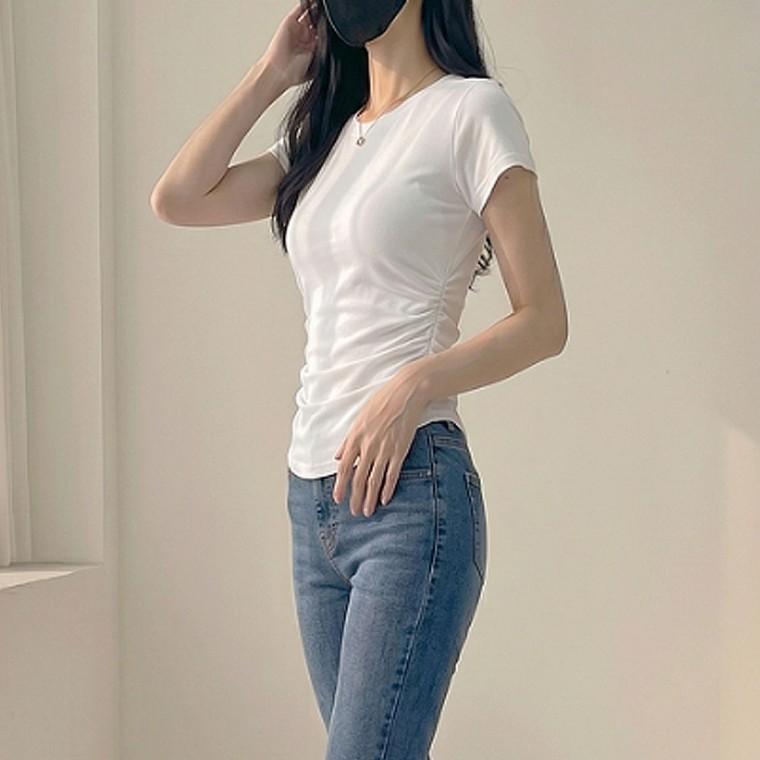여성 여름 데일리 셔링 라운드넥 반팔 티셔츠