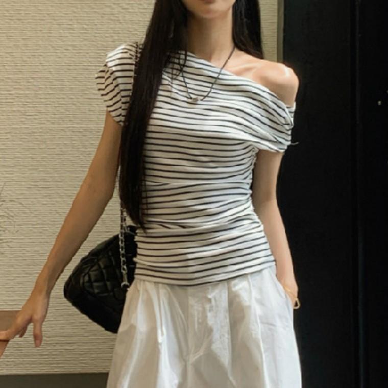 여자 여름 외출 언발 오픈숄더 스트라이프 반팔 티셔츠