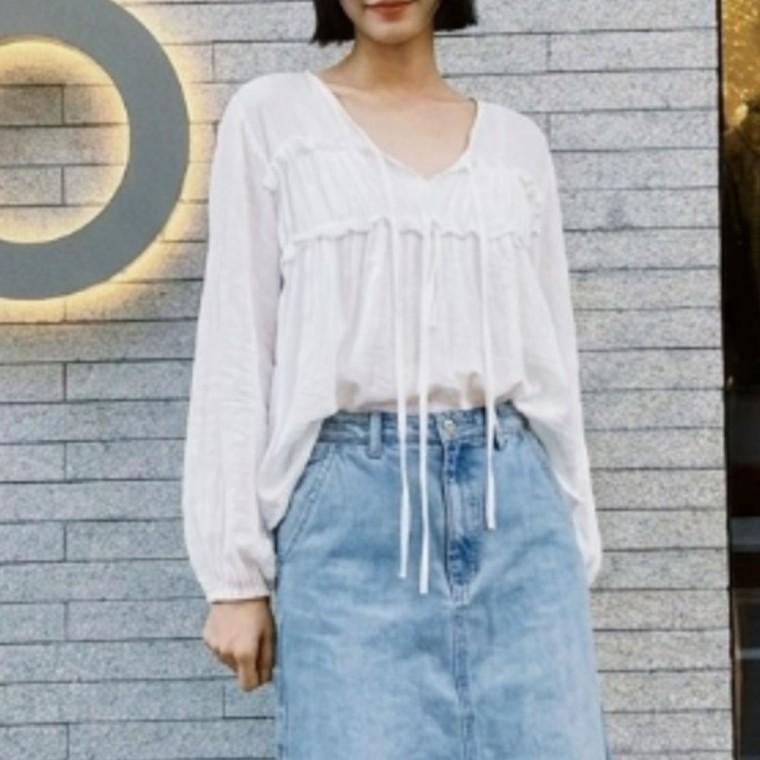 여성 데이트룩 프릴 리본 셔링 긴팔 블라우스
