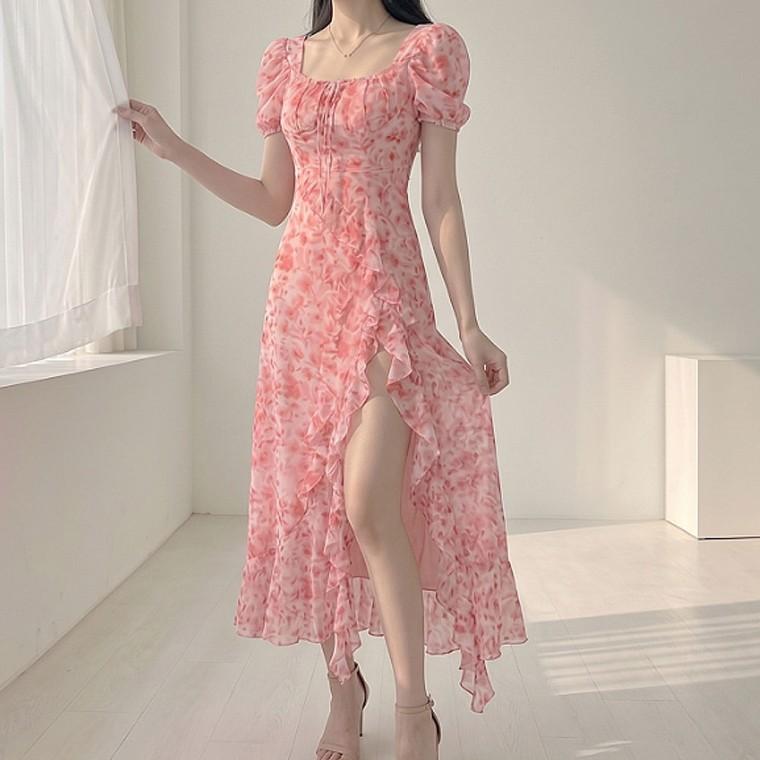 여자 여름 데이트룩 핑크 플라워 퍼프 프릴 원피스