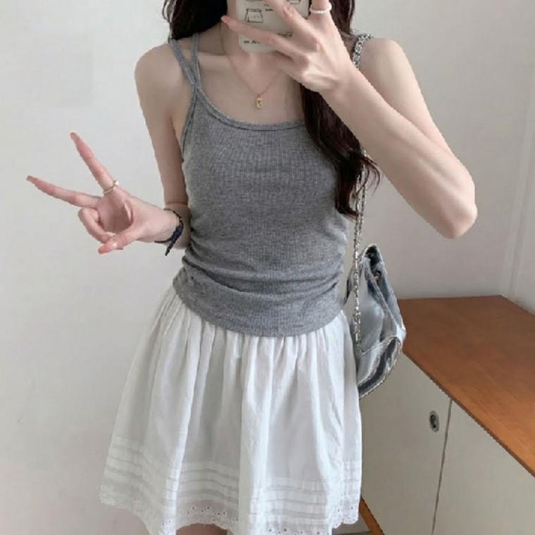 여자 여름 어깨 두줄 캡내장 허리셔링 나시티