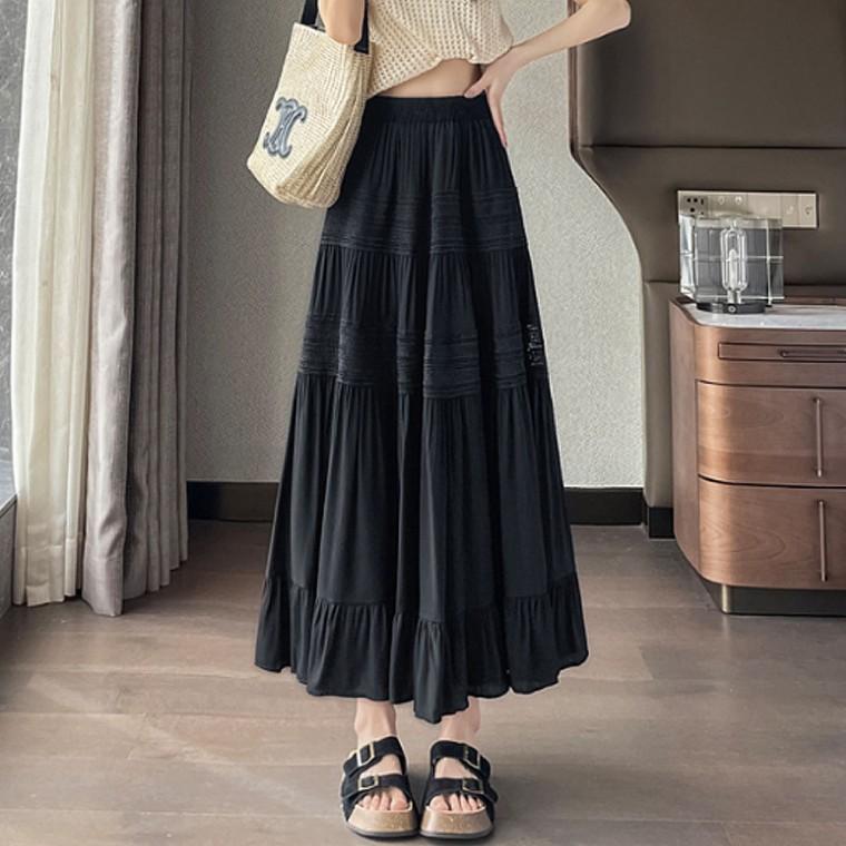 여성 데일리룩 여리핏 레이스 플레어 롱스커트