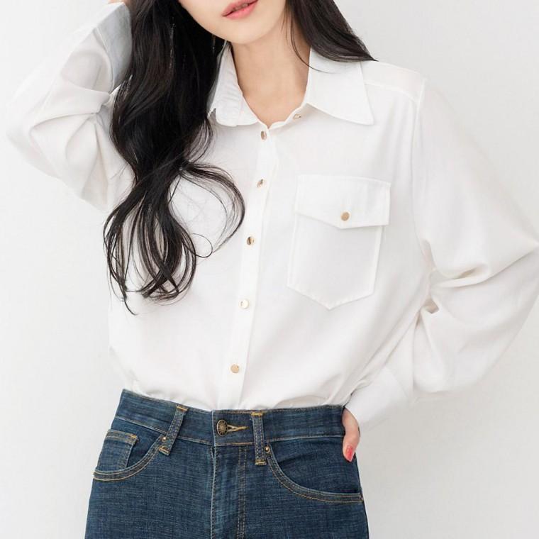 KAA 8627 여자원포켓카라블라우스 숙 면 여성 풍기 블라우스 블라우스 솔리드 비치 숙 상의 전지 루즈핏 남