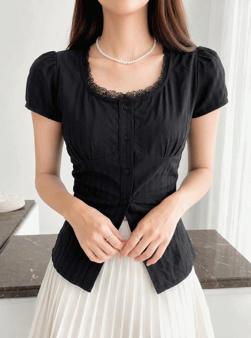 여름 A라인 롱 블라우스 뒷리본 레이스 퍼프소매