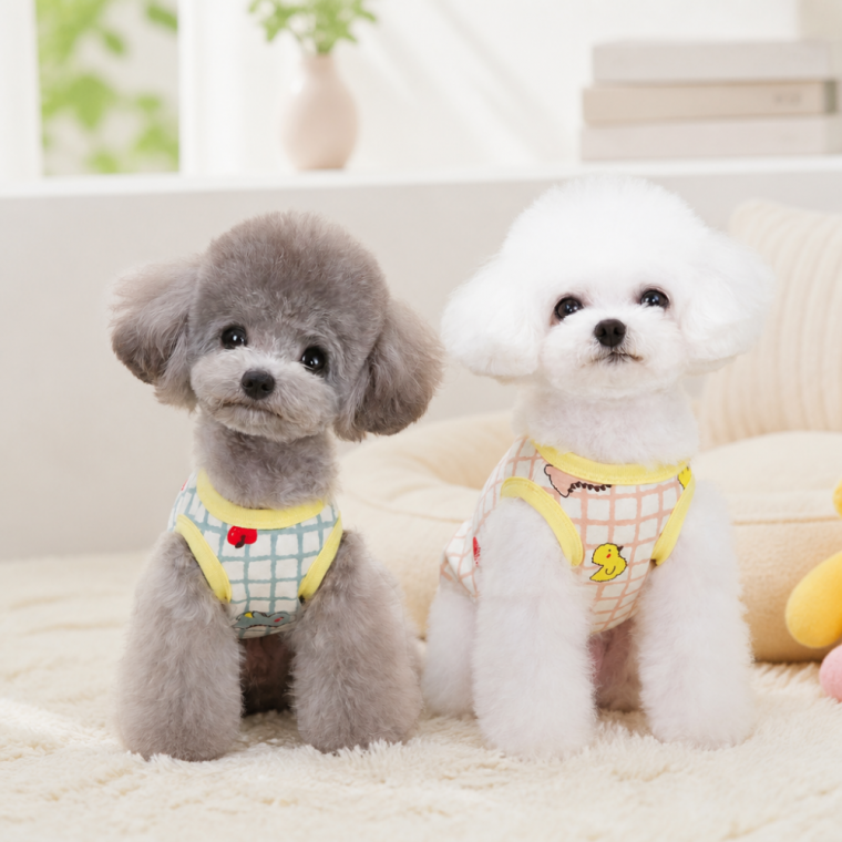 반려동물 체크 패턴 캐릭터 민소매 티셔츠 핑크 블루 강아지 옷