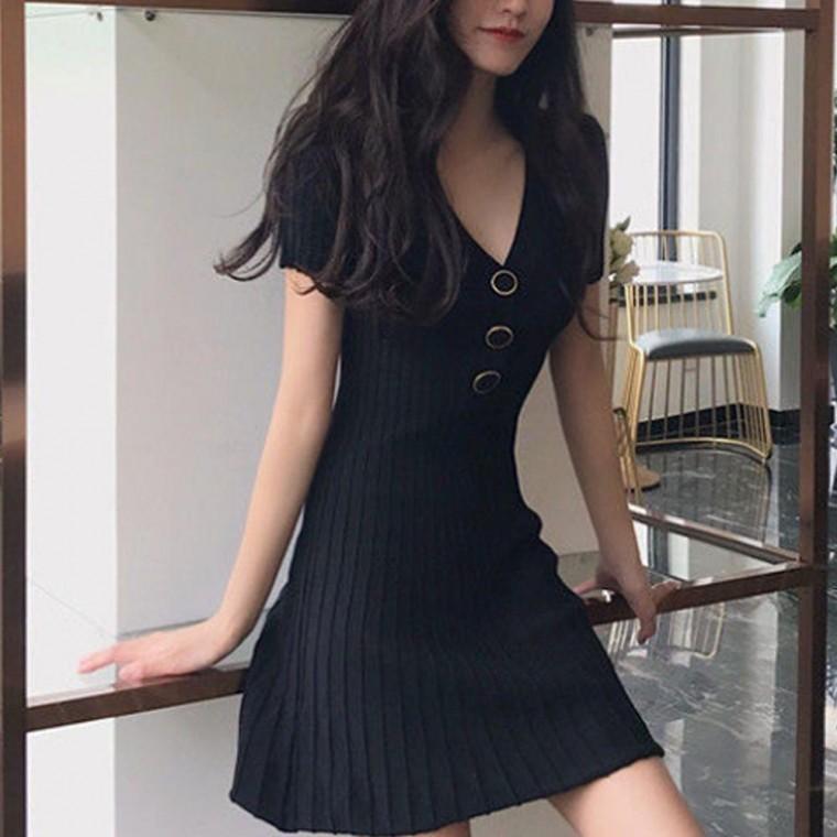 브이넥 버튼 숏 원피스 A라인 반팔 스판 원피스
