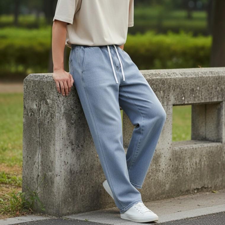 남자 흑청바지 세미 와이드 9부 청바지 데일리 밴딩 고무줄 데님 팬츠
