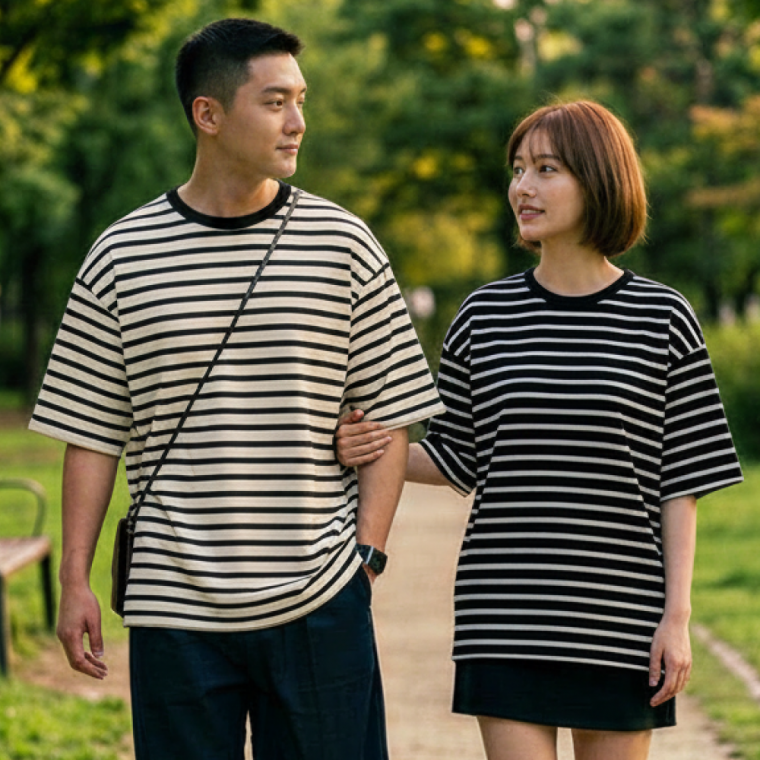 남자반팔티 두꺼운 쿨링 반팔티 면티 어깨넓어보이는 오버핏 스트라이프 티셔츠
