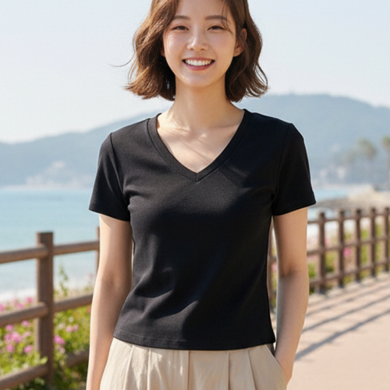 여성 브이넥 반팔티 여름 세미크롭 면 이너티