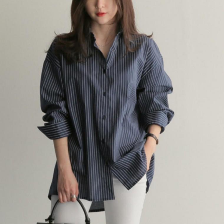 여성 직장인 루즈핏 남방 오버핏 스트라이프 긴팔 셔츠