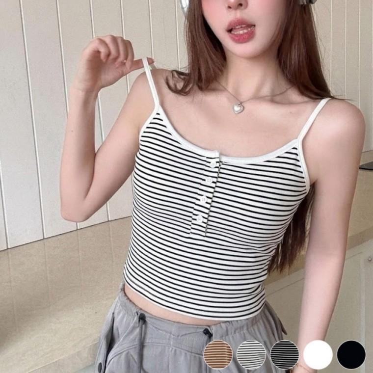 여성 브라패드 내장 신축성 슬림 단추 데일리 크롭 캐주얼 나시티