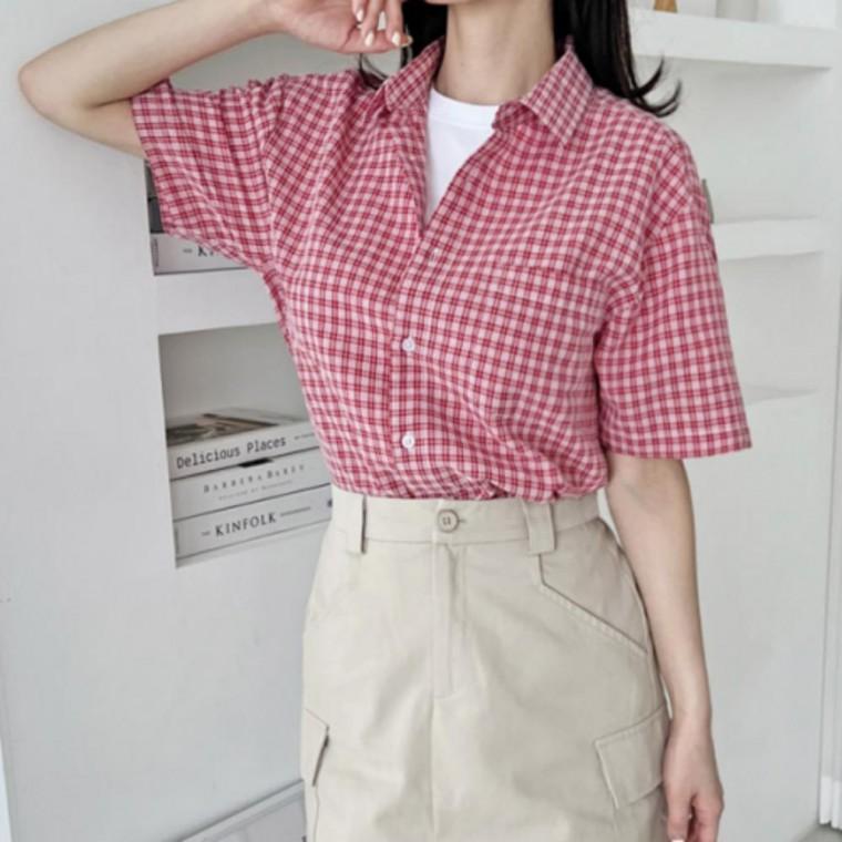 여성 여름 오버핏 시어서커 빈티지 체크 반팔 남방 셔츠