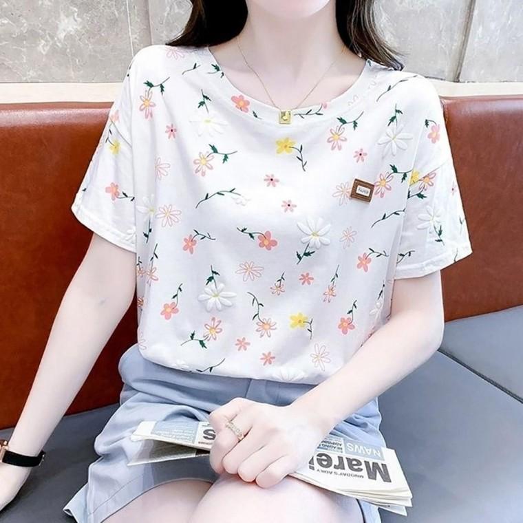 여자 예쁜 꽃 무늬 라운드넥 화사한 반팔 티셔츠