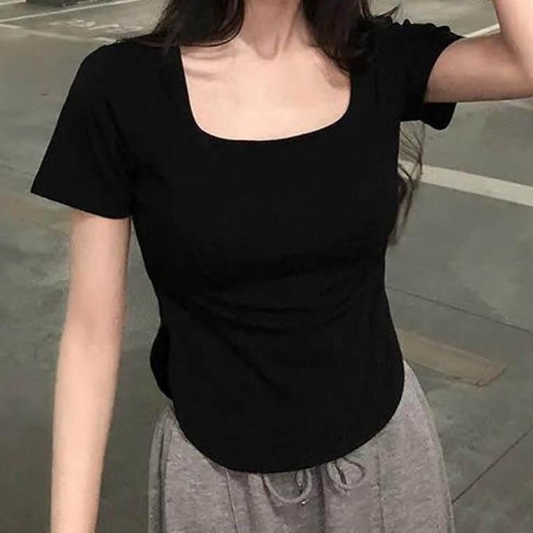 여름 반팔 티셔르 넓은 라운드넥 티셔츠 깔끔한 패션