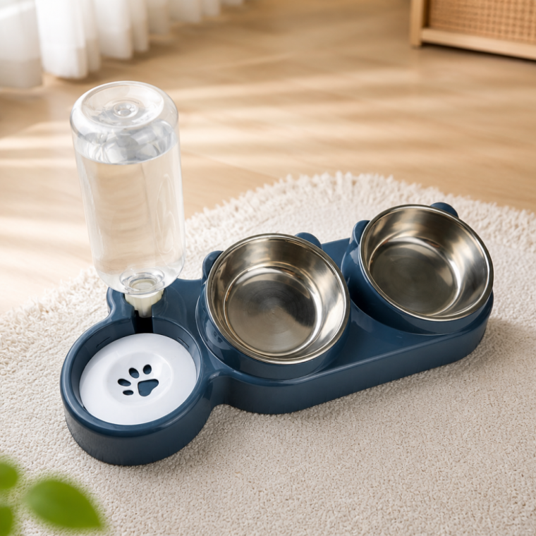 강아지 고양이 스텐 식기 2구 펫 급수기 물그릇 사료기 500ml