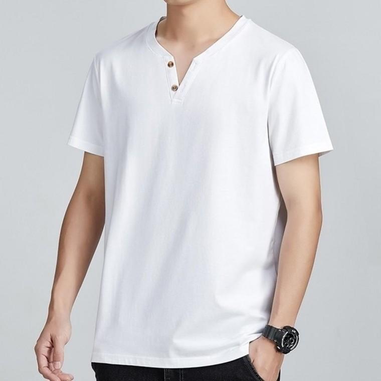 어깨 넓어 보이는 V넥 단추 반팔 티